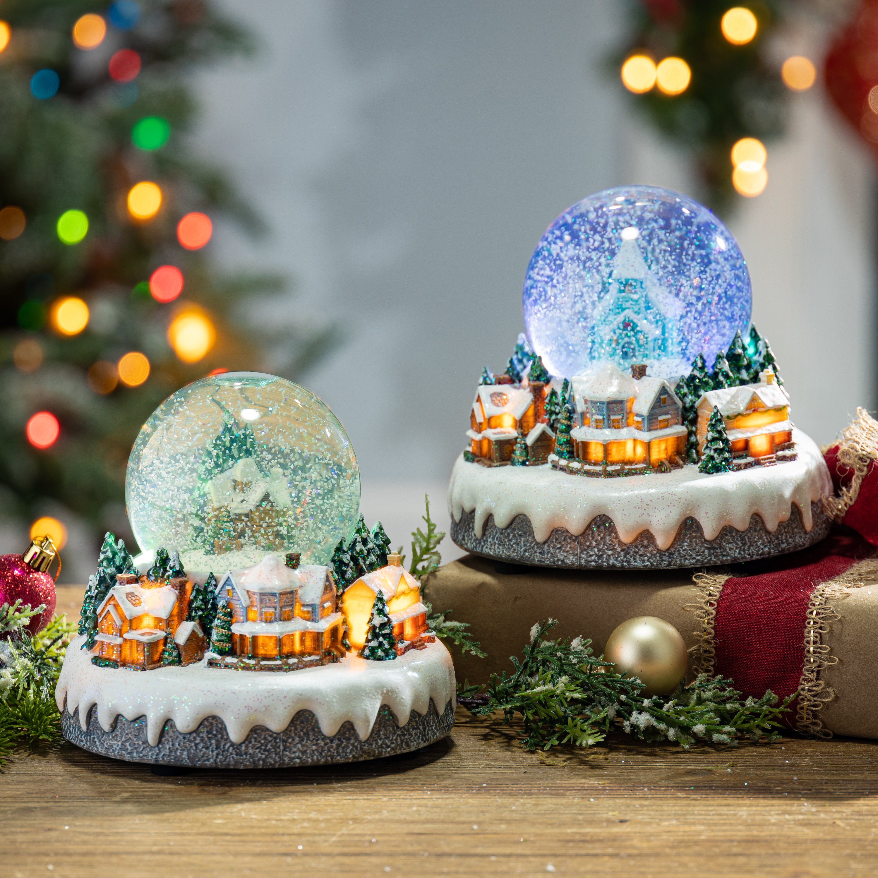 Set of 2 Musical Light Snow globe with Christmas Village Scene